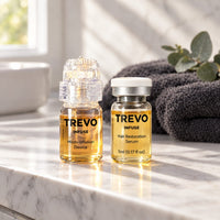 TREVO micro-infusion device and sealed 5 ml serum vial on a marble bathroom counter